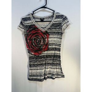 Vintage-Style Vanity Red Rose Striped V-Neck T-Shirt – Women’s
